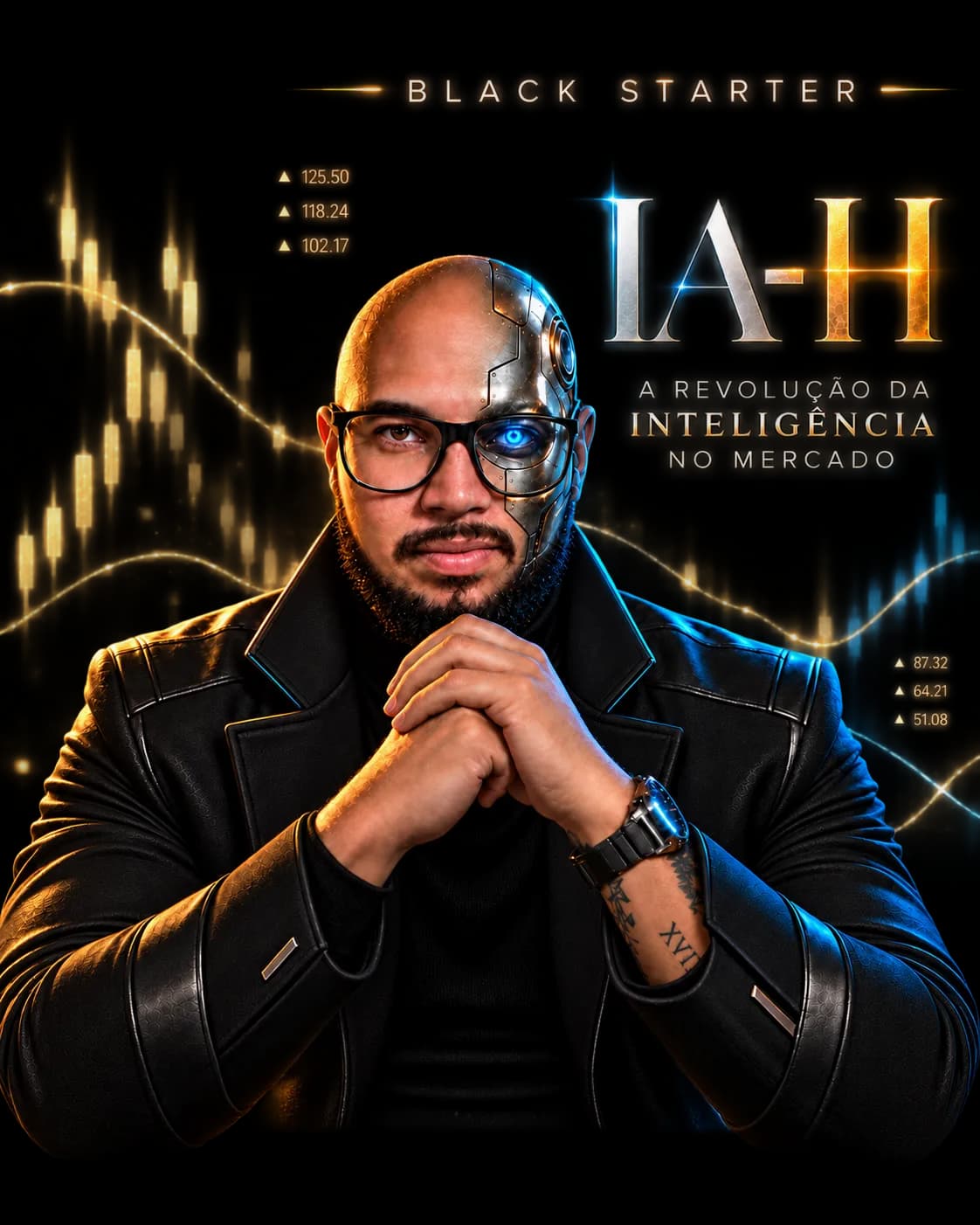 Mateus com metade do rosto em circuito, ao lado do selo Black Starter IA-H: a revolução da inteligência no mercado