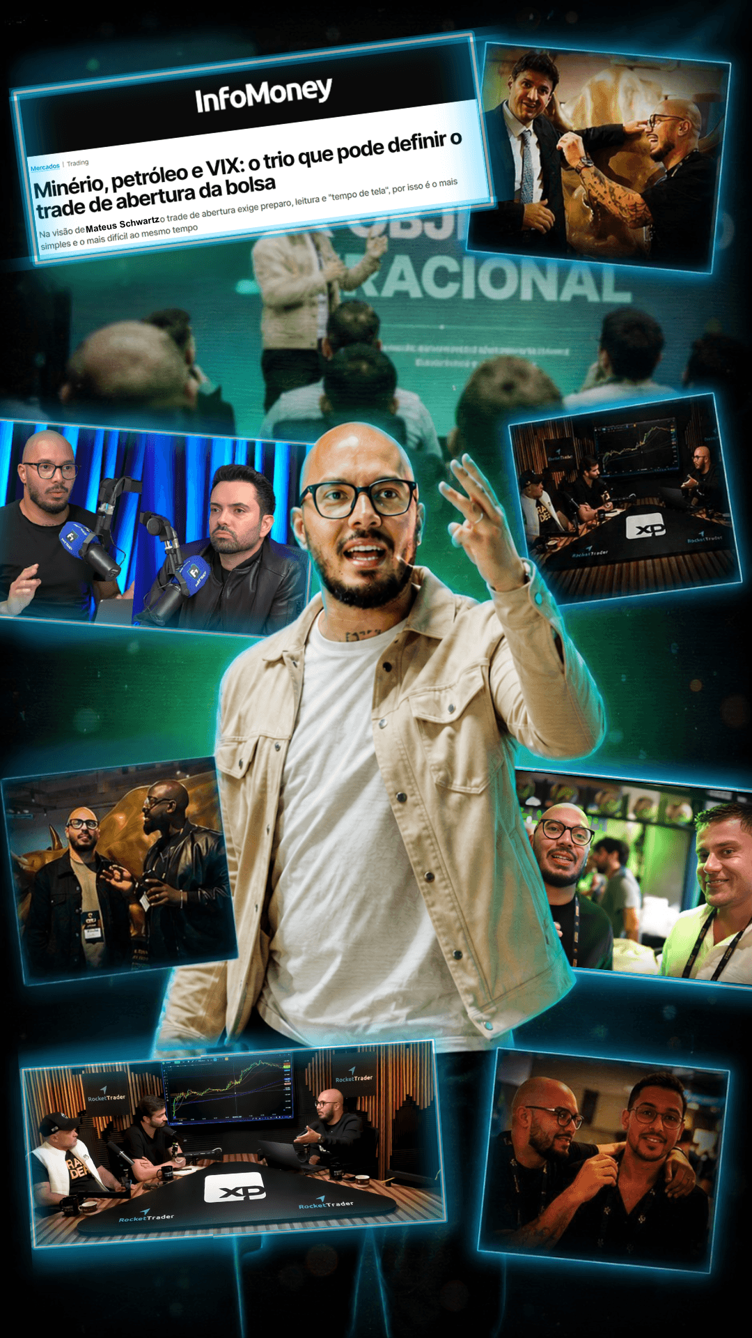 Mateus Schwartz operando ao vivo, com a matéria da InfoMoney e cenas de podcast e mentoria